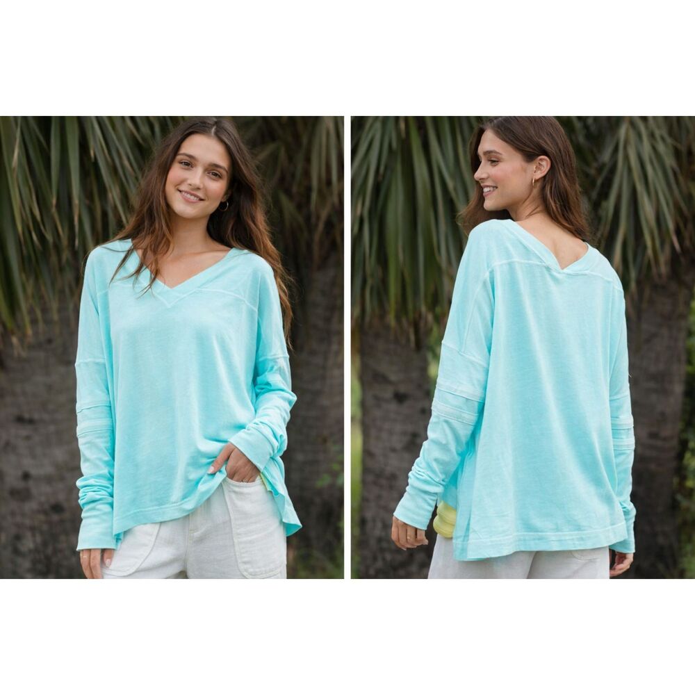 Free People Movement Oversized Thumbhole V Neck Long Sleeve Tee Blue S Boho